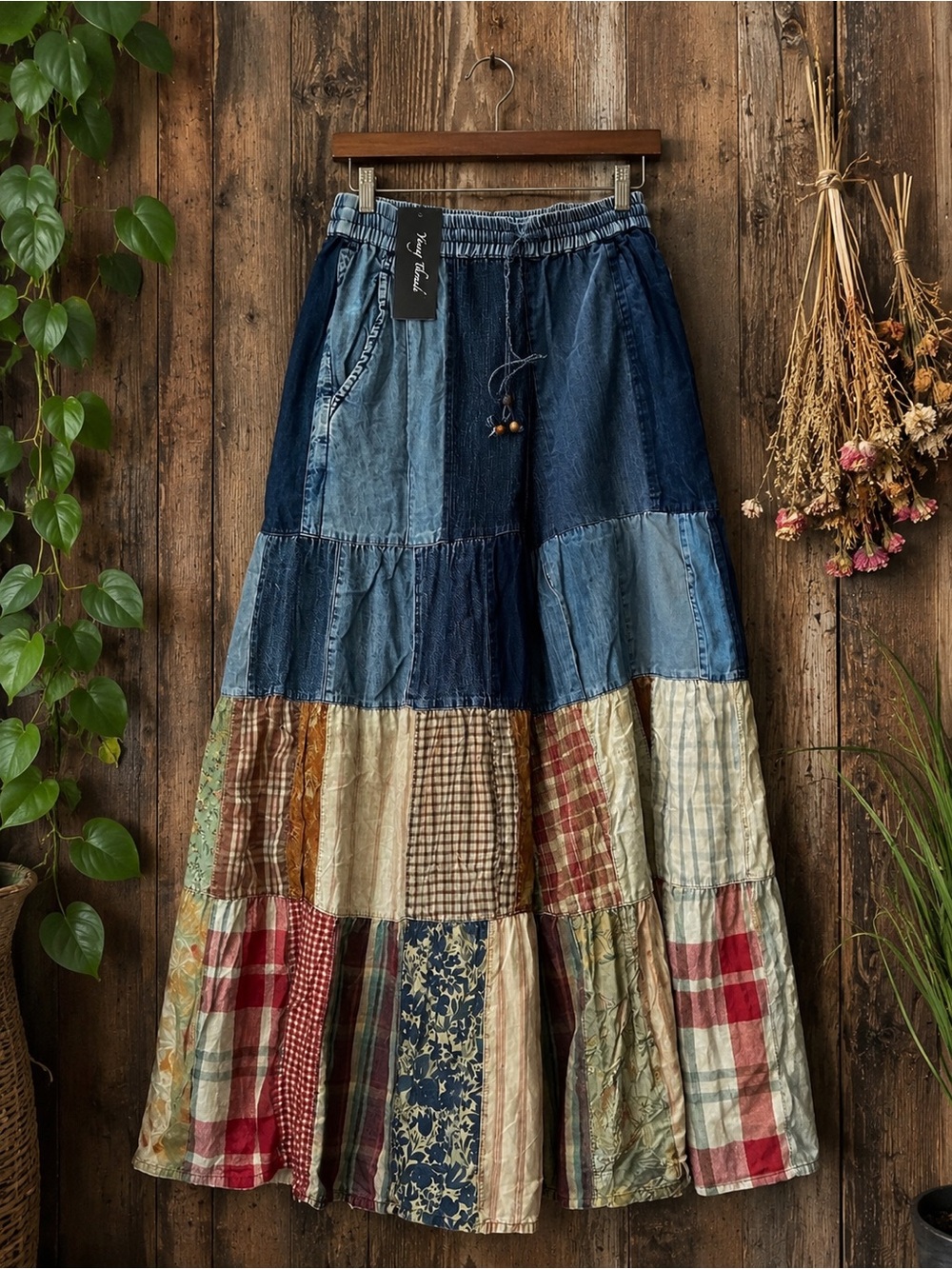 Boho Patchwork Flare Jeans — Cream & Blue NWT - Picture 2 of 5